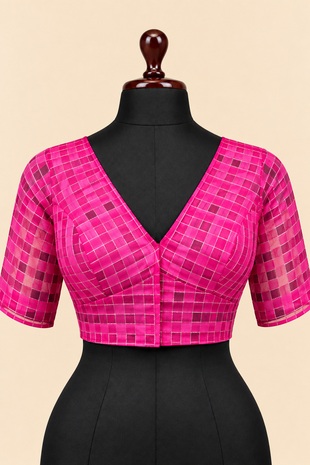 Pink Banarasi Zari Check Readymade Blouse with V-Shaped Sheer Back &amp; Sheer Sleeves