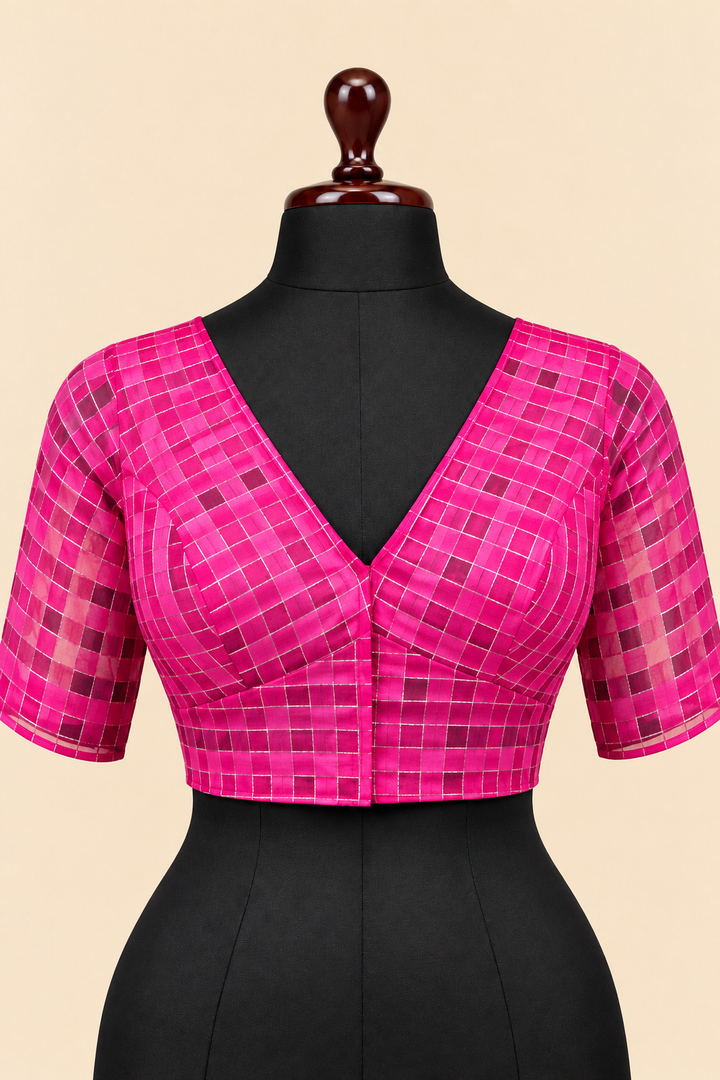 Pink Banarasi Zari Check Readymade Blouse with V-Shaped Sheer Back &amp; Sheer Sleeves