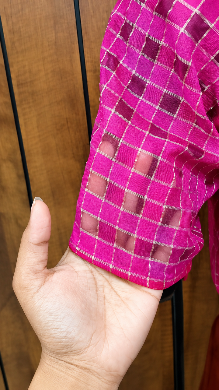 Pink Banarasi Zari Check Readymade Blouse with V-Shaped Sheer Back &amp; Sheer Sleeves