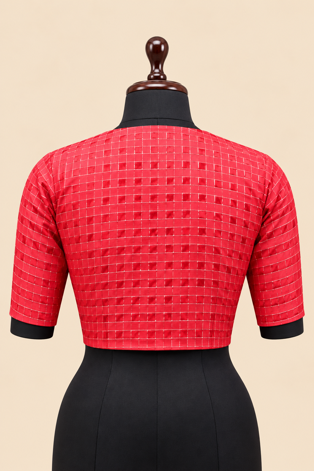 Red Banarasi Zari Check Readymade Blouse with V-Shaped Sheer Back &amp; Sheer Sleeves