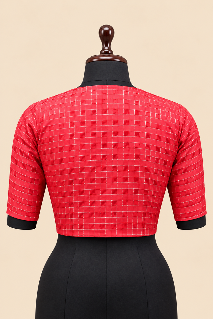 Red Banarasi Zari Check Readymade Blouse with V-Shaped Sheer Back &amp; Sheer Sleeves