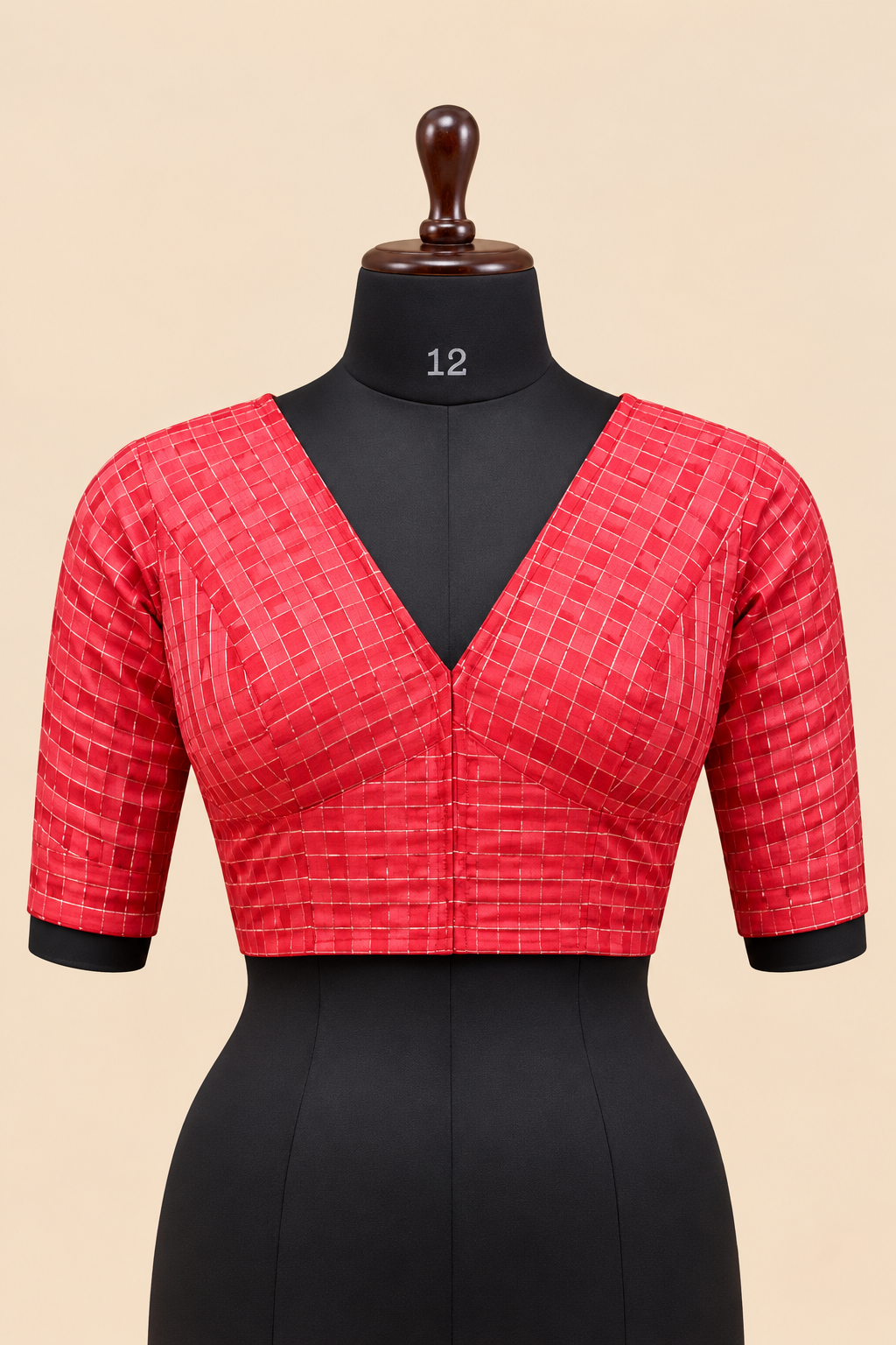 Red Banarasi Zari Check Readymade Blouse with V-Shaped Sheer Back &amp; Sheer Sleeves