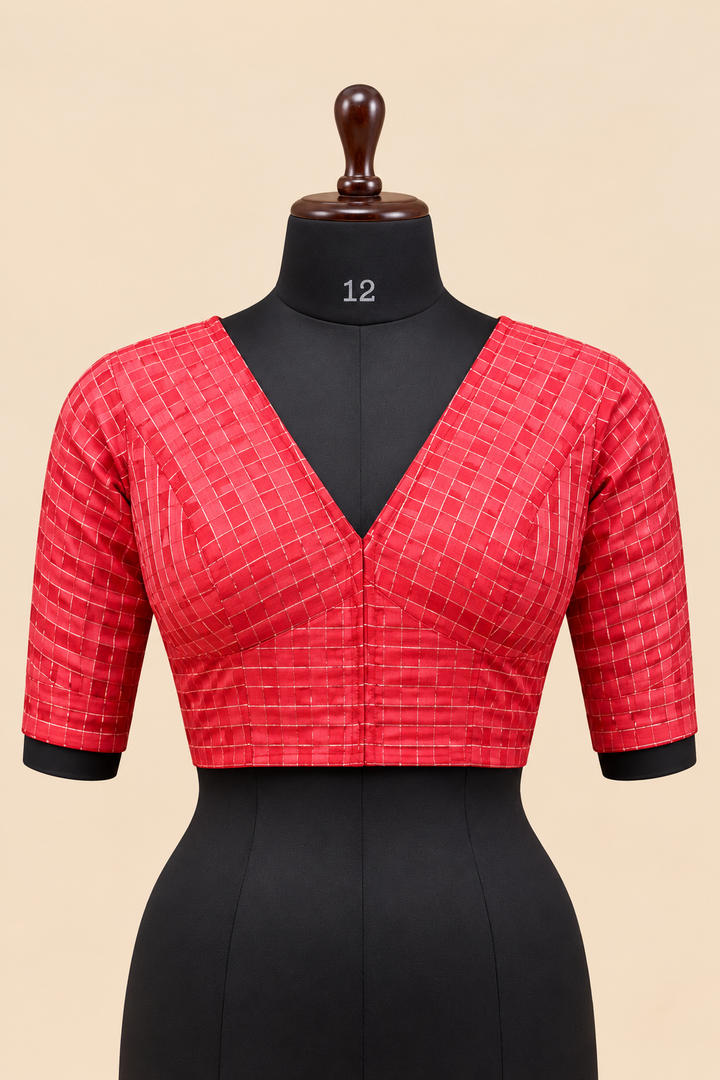 Red Banarasi Zari Check Readymade Blouse with V-Shaped Sheer Back &amp; Sheer Sleeves