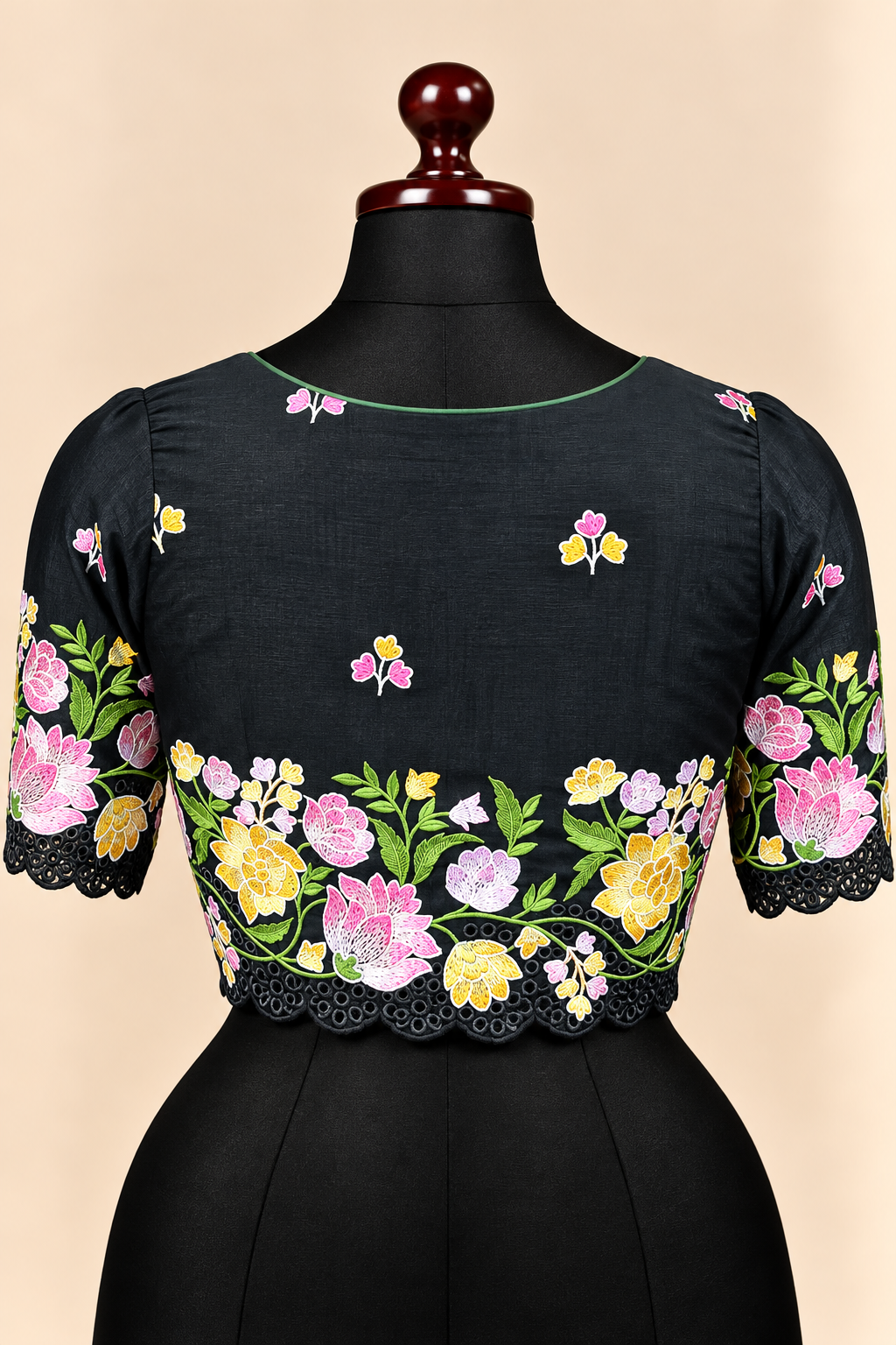 Black premium silk embroidered padded front open saree blouse with round neck and elbow sleeves – view 2