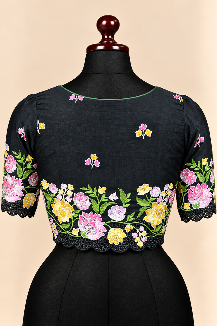 Black premium silk embroidered padded front open saree blouse with round neck and elbow sleeves – view 2