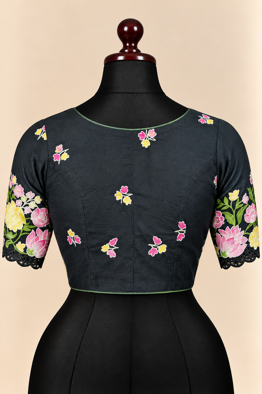 Black premium silk embroidered padded front open saree blouse with round neck and elbow sleeves