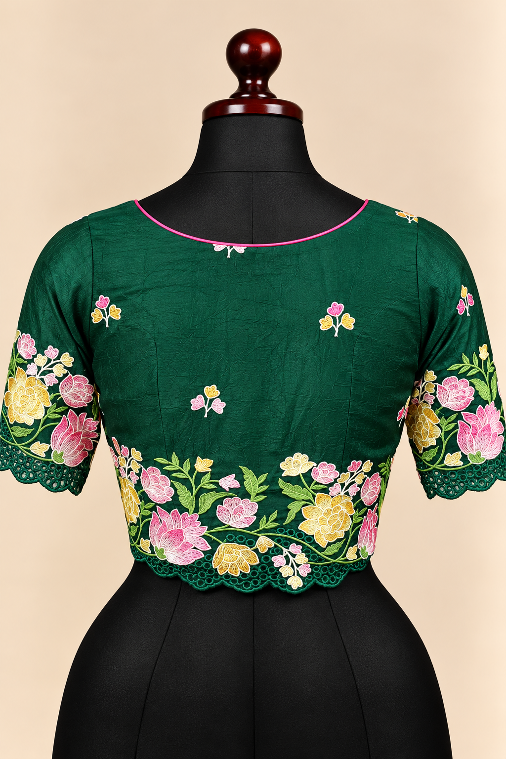 Green premium silk embroidered padded front open saree blouse with round neck and elbow sleeves – view 2