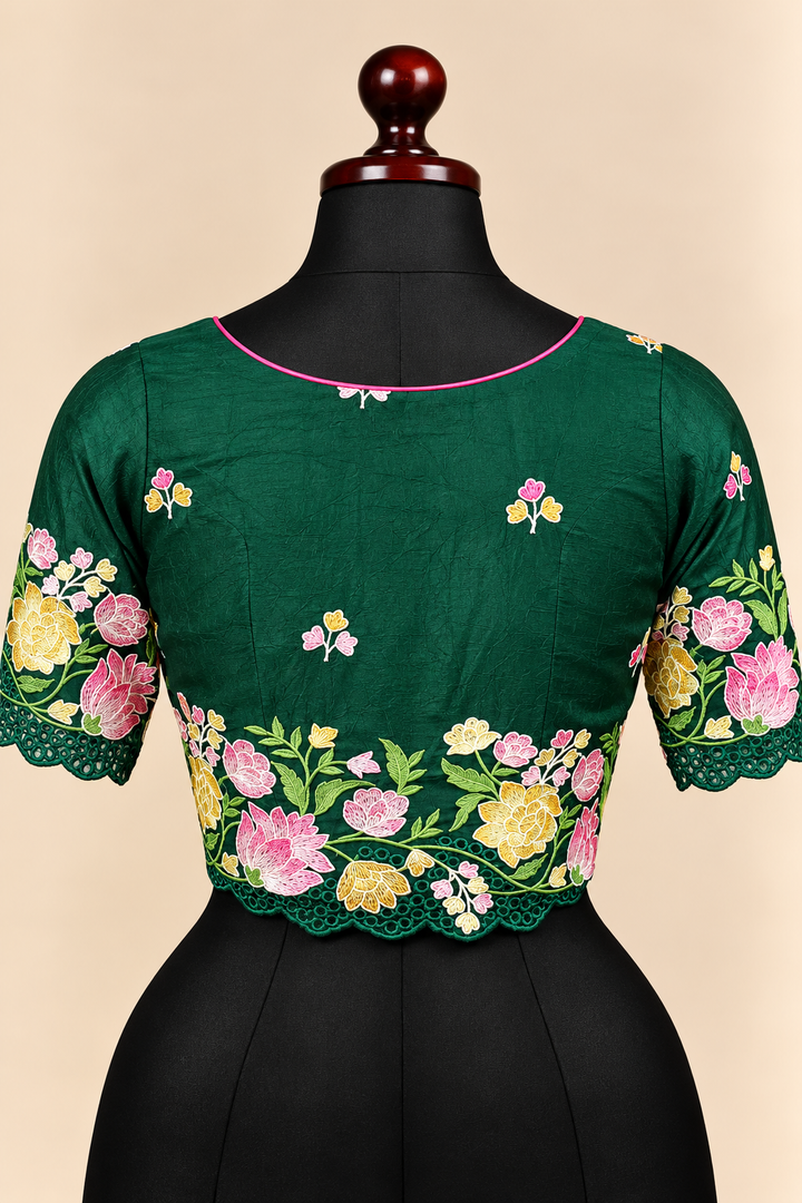 Green premium silk embroidered padded front open saree blouse with round neck and elbow sleeves – view 2