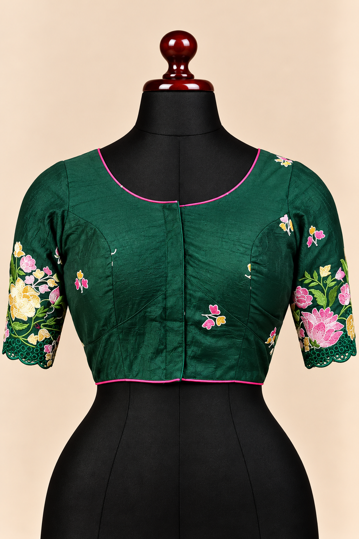 Green premium silk embroidered padded front open saree blouse with round neck and elbow sleeves