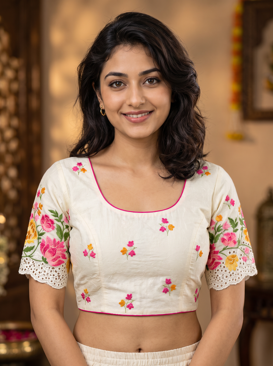 Off-white premium silk embroidered saree blouse
