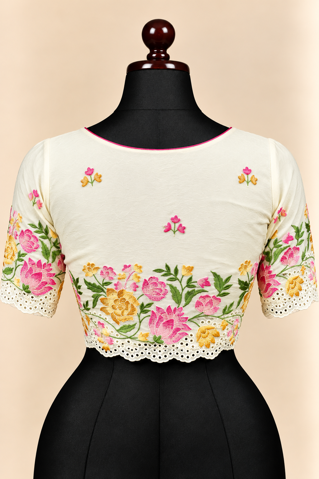 Off-white premium silk embroidered padded front open saree blouse with round neck and elbow sleeves – view 2