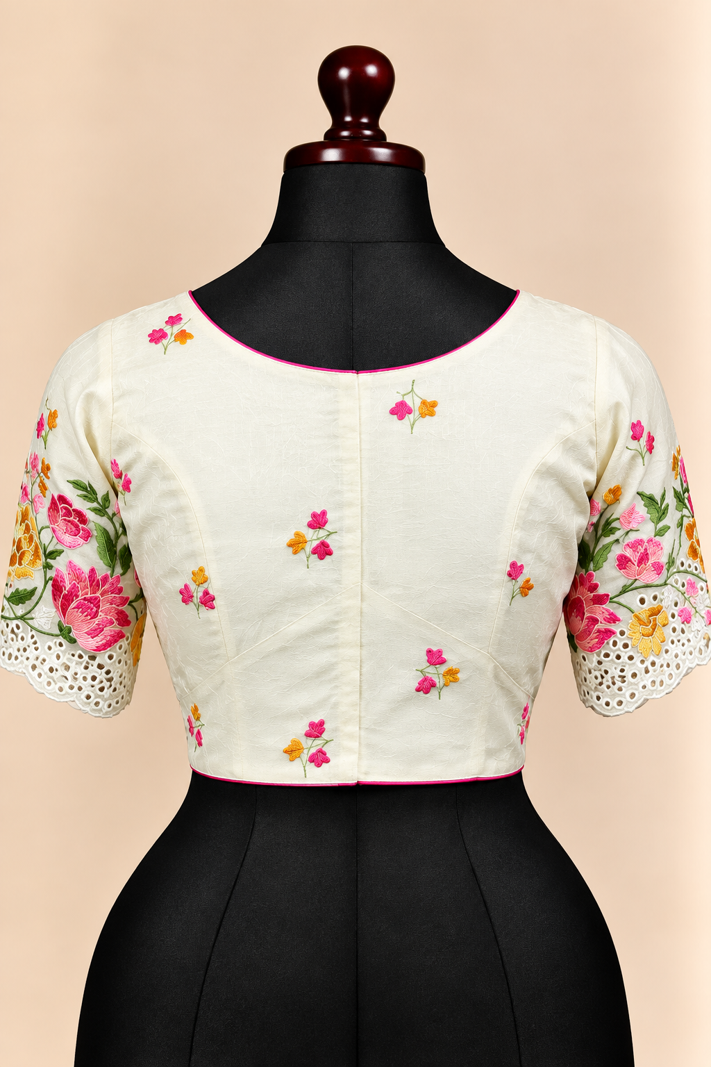 Off-white premium silk embroidered padded front open saree blouse with round neck and elbow sleeves