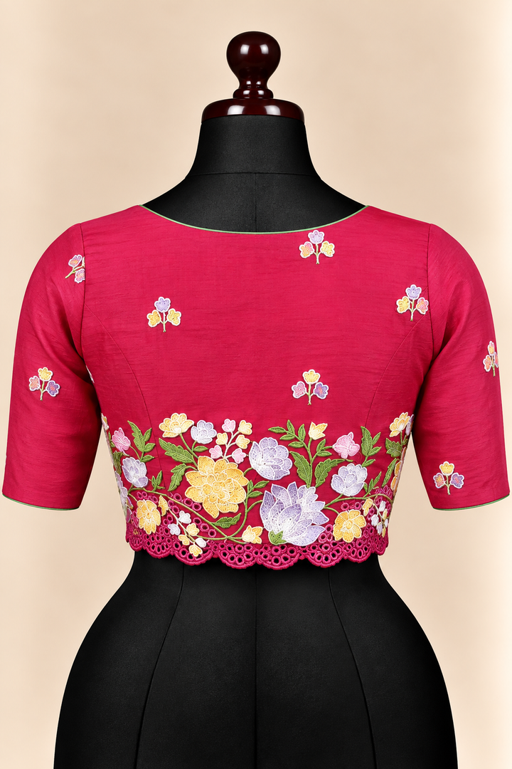 Pink premium silk embroidered padded front open saree blouse with round neck and elbow sleeves – view 2
