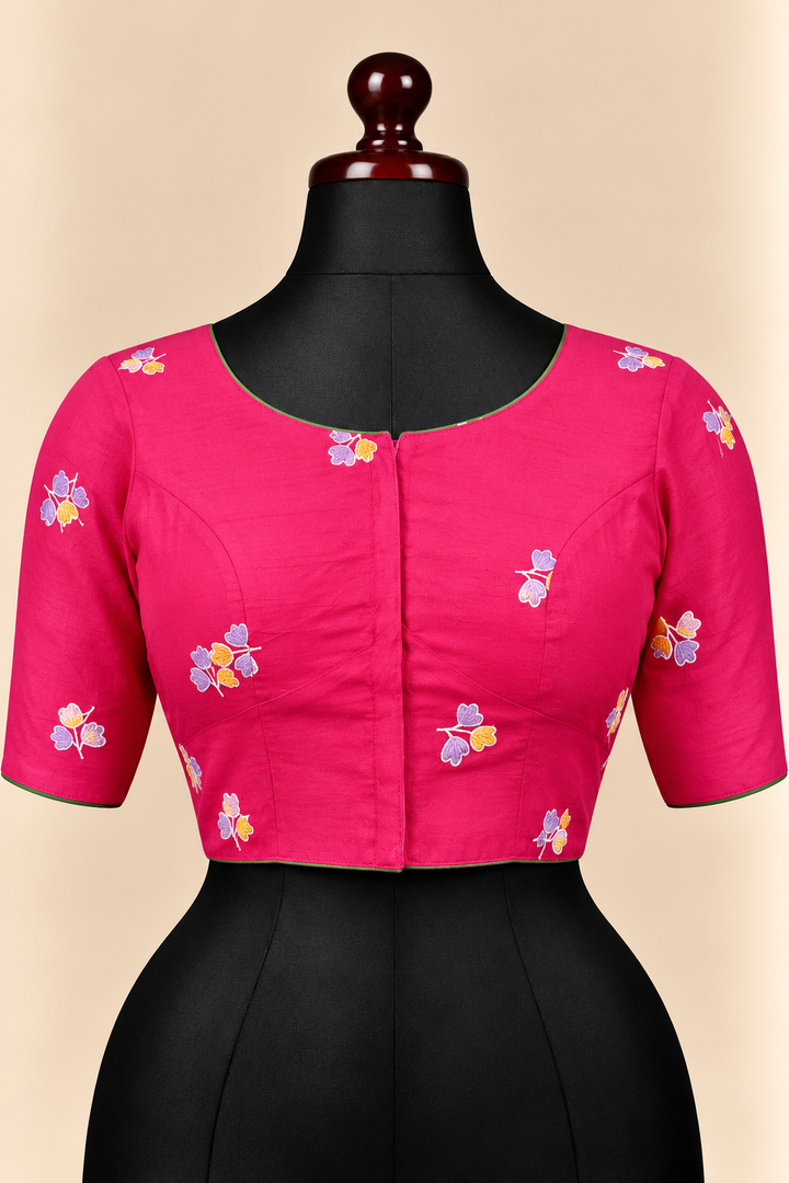 Pink premium silk embroidered padded front open saree blouse with round neck and elbow sleeves