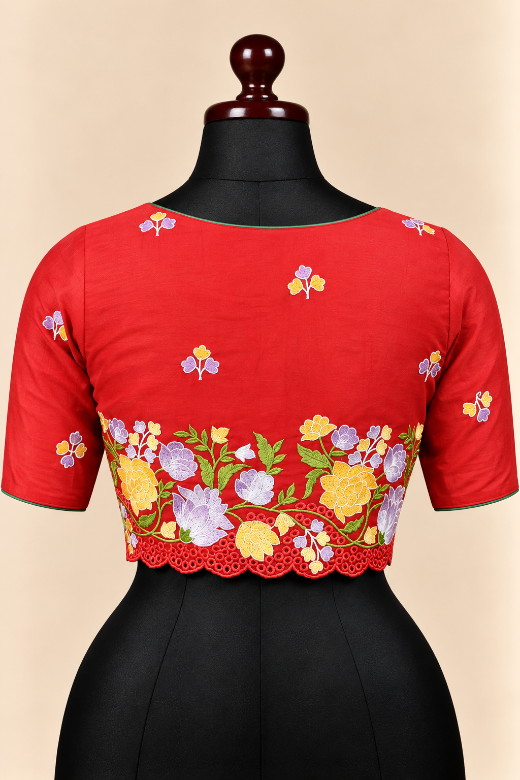 Red premium silk embroidered padded front open saree blouse with round neck and elbow sleeves – view 2