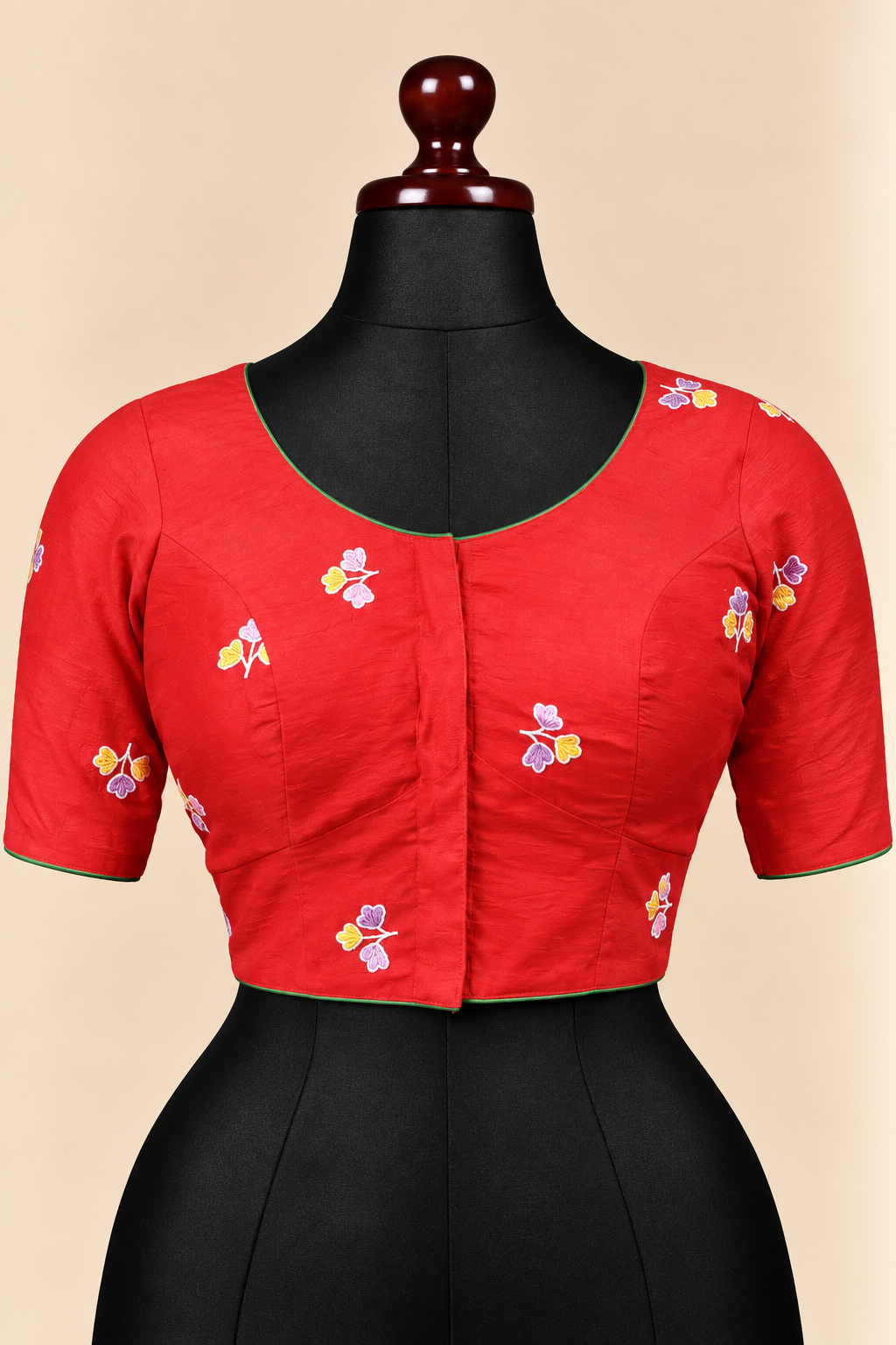 Red premium silk embroidered padded front open saree blouse with round neck and elbow sleeves