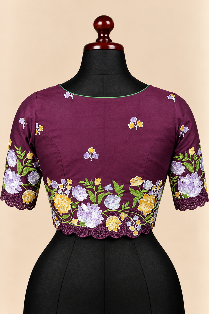 Maroon premium silk embroidered padded front open saree blouse with round neck and elbow sleeves – view 2