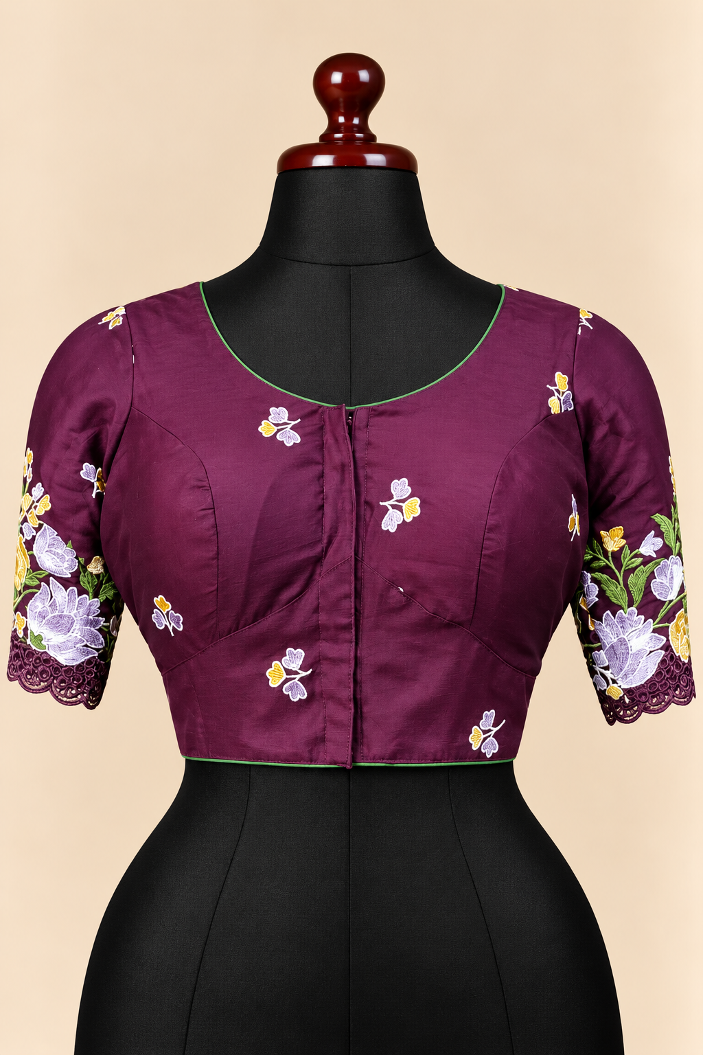 Maroon premium silk embroidered padded front open saree blouse with round neck and elbow sleeves