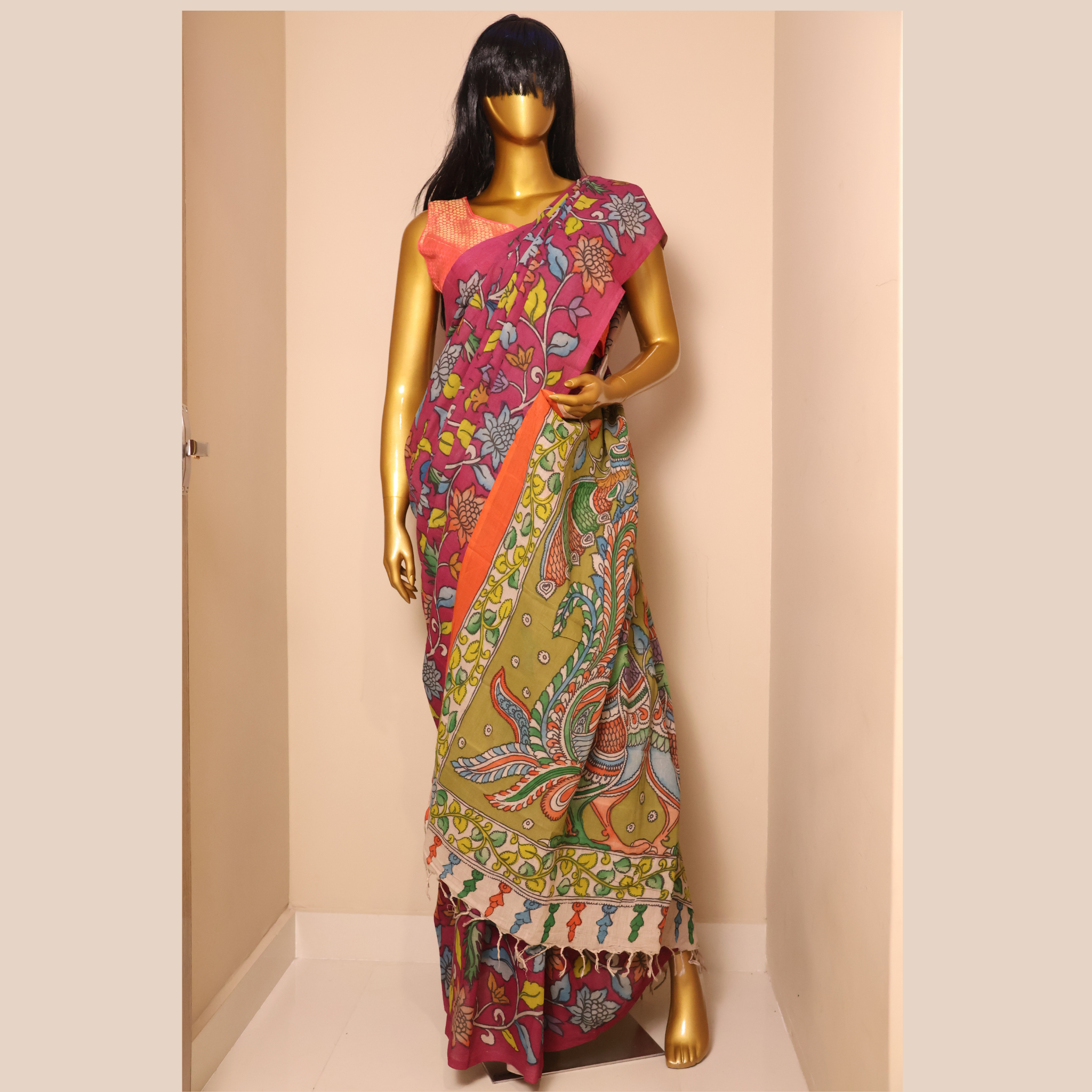 Hand Painted Pen Kalamkari Cotton Saree With Floral Design – Aadya