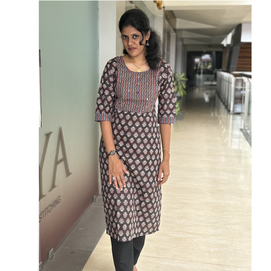 Black Kantha Work Straight Kurta with Beads Embellished Yoke