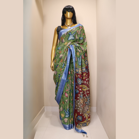 Hand Painted Pen Kalamkari Bangalore Silk Saree