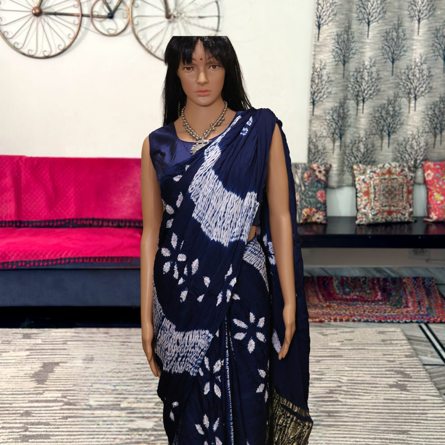 PURE MODAL WHITE BLUE INDIGO DYE SHIBORI  DESIGN SAREE