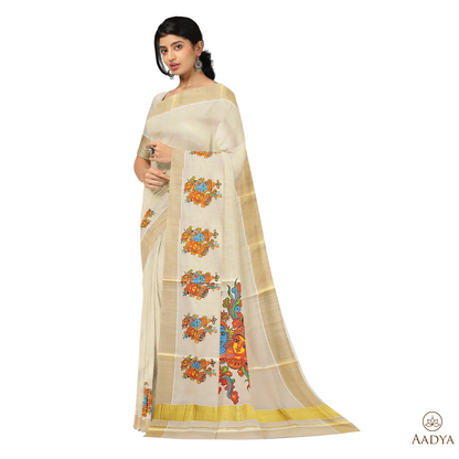 Kuthampully Golden Tissue Saree Radha Krishna  Pattern