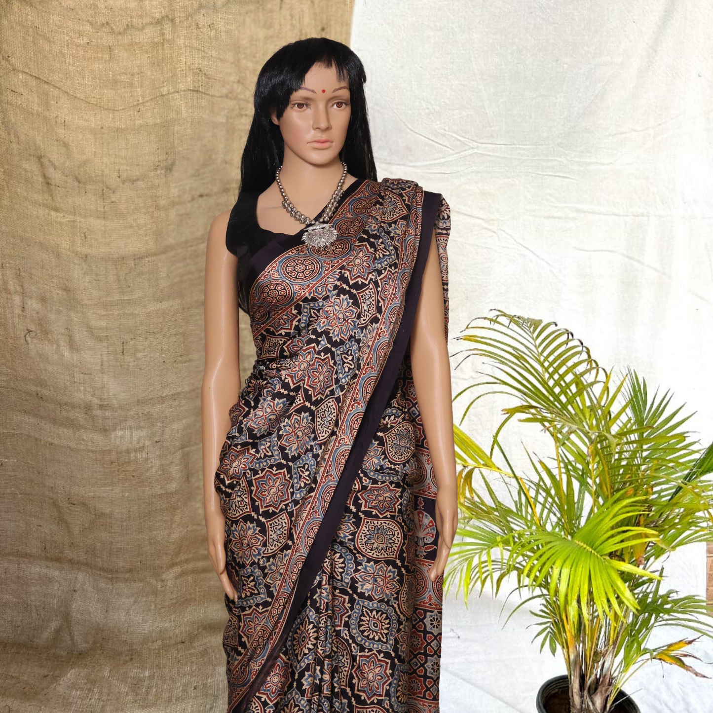 Modal  Silk Black Ajrkh Print Sarees