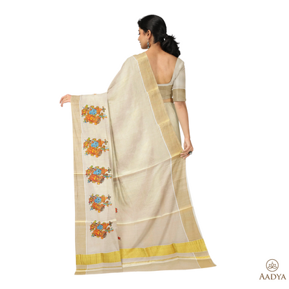 Kuthampully Golden Tissue Saree Radha Krishna  Pattern