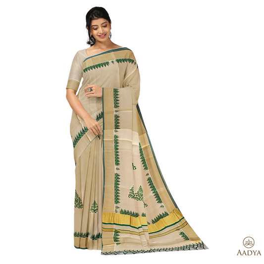 Kuthampully Golden Tissue And Green Color Print Saree