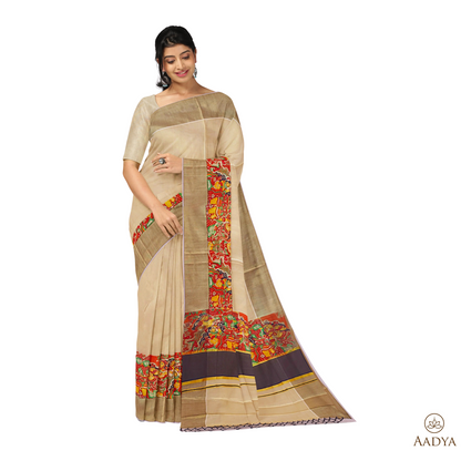 Kuthampully Golden Kalamkari Black Kara  Tissue Saree