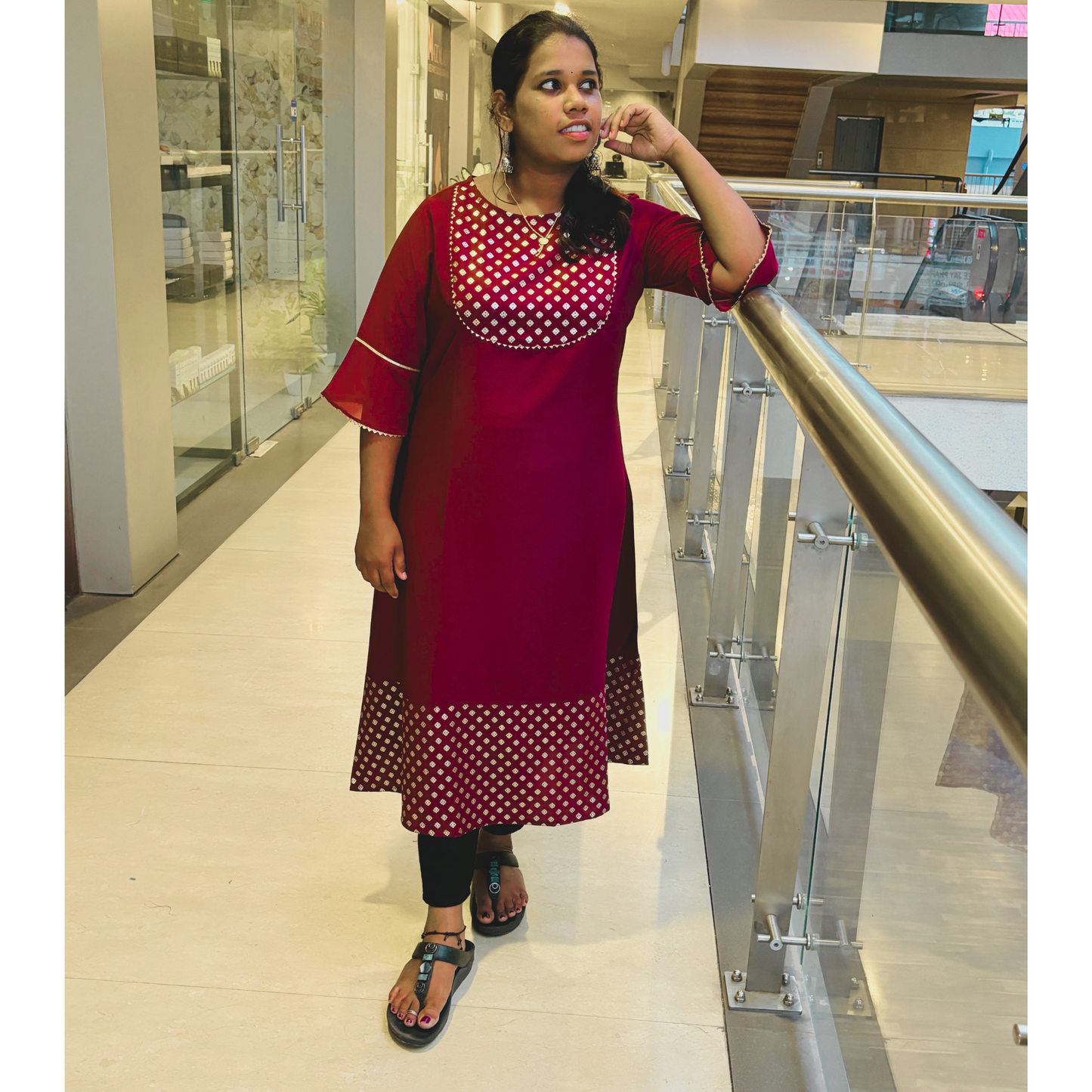 Wine Crepe Foil Printed A-Line Kurta