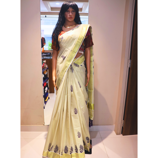 Kuthampully Golden Tissue Saree