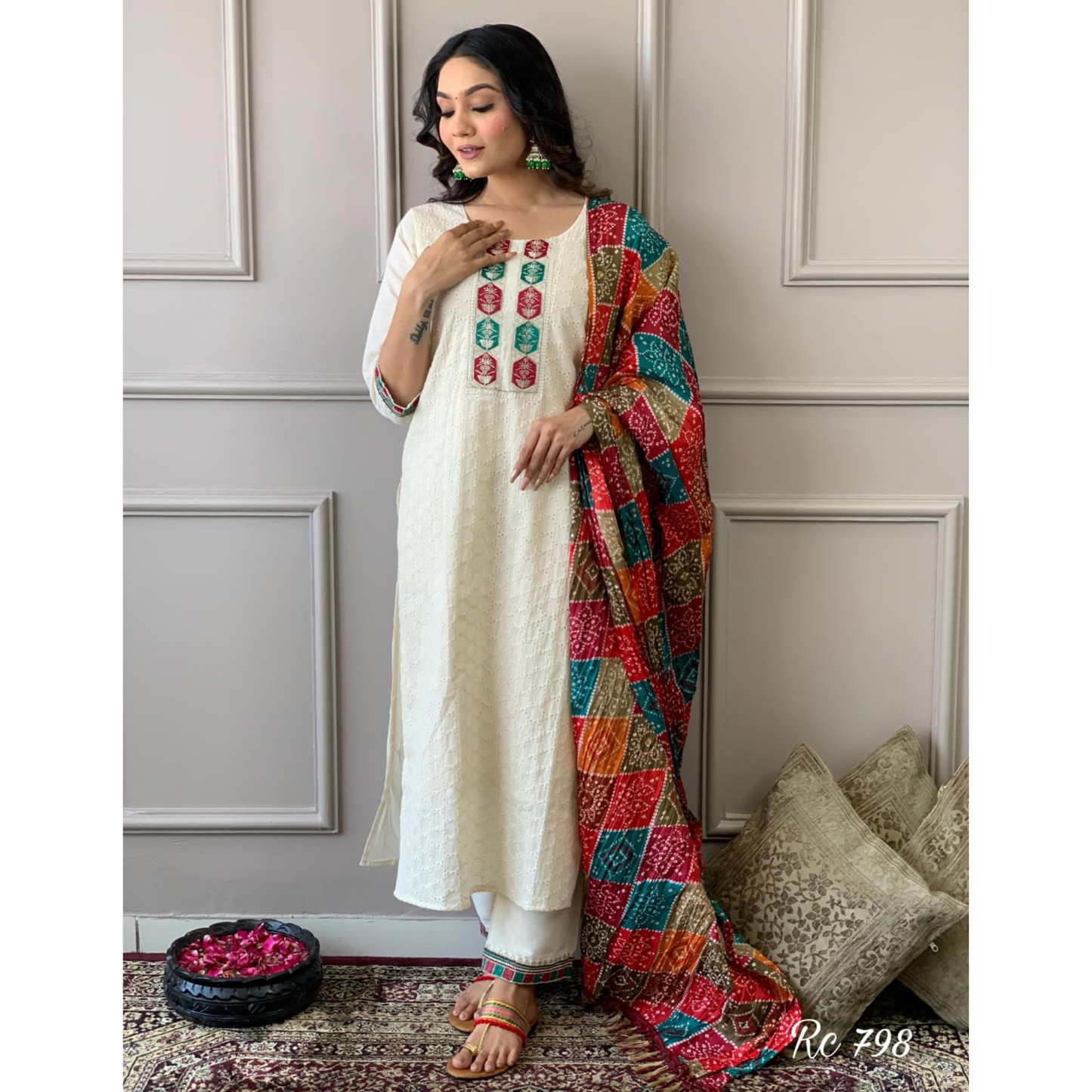 Schiffli chicken cotton Kurti Pant Dupatta set.