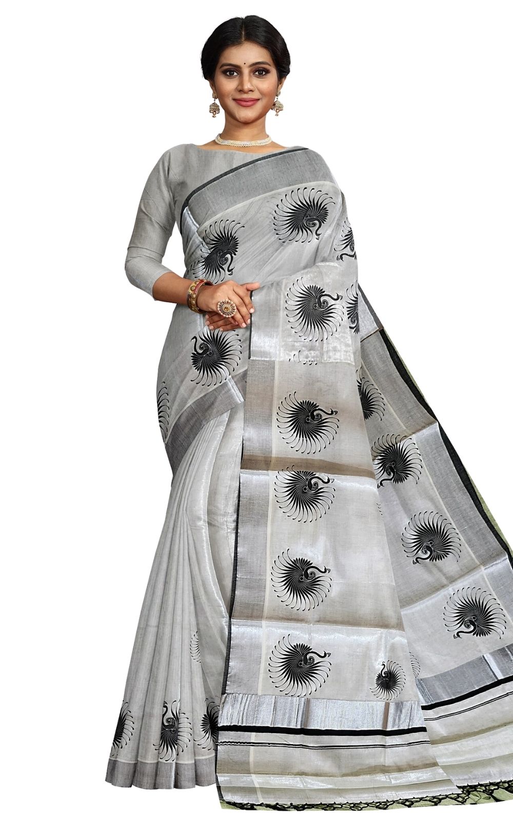 Kuthampully Silver Tissue Saree