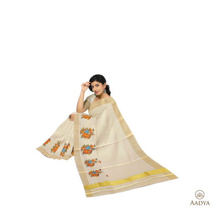 Kuthampully Golden Tissue Saree Radha Krishna  Pattern