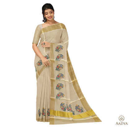 Kuthampully Golden Tissue Saree