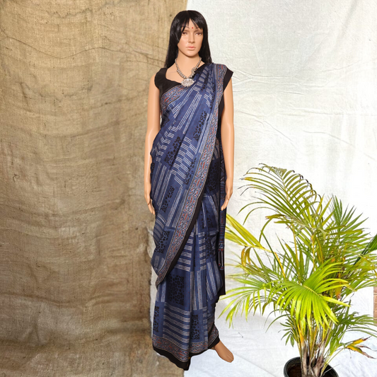 Modal  Silk Navy Blue Ajrkh Sarees