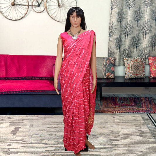 Pink Modal Slik Saree with white Shibori Design