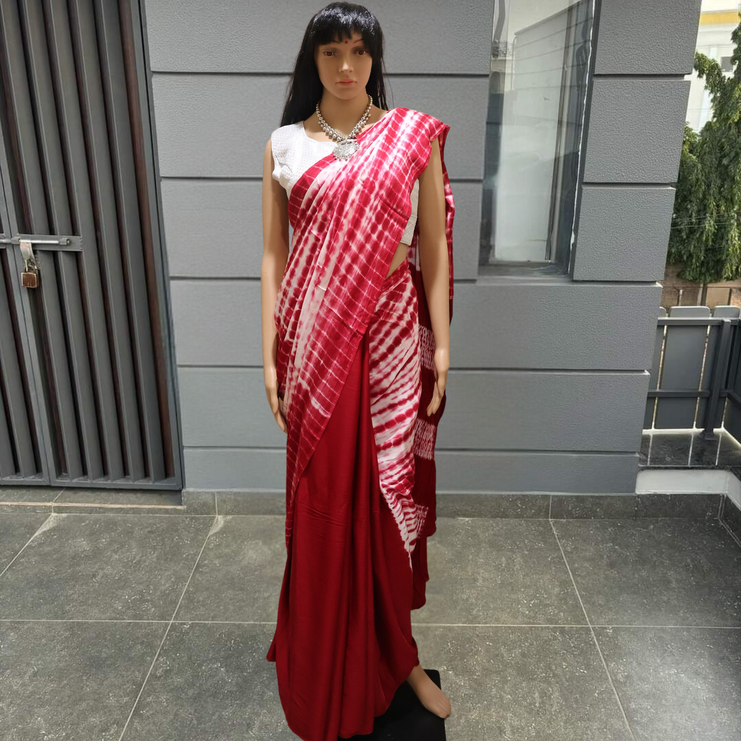 PURE MODAL SILK RED AND WHITE DYED SHIBORI DESIGN SAREE