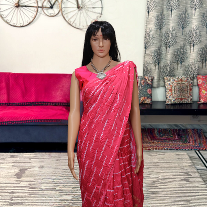 Pink Modal Slik Saree with white Shibori Design