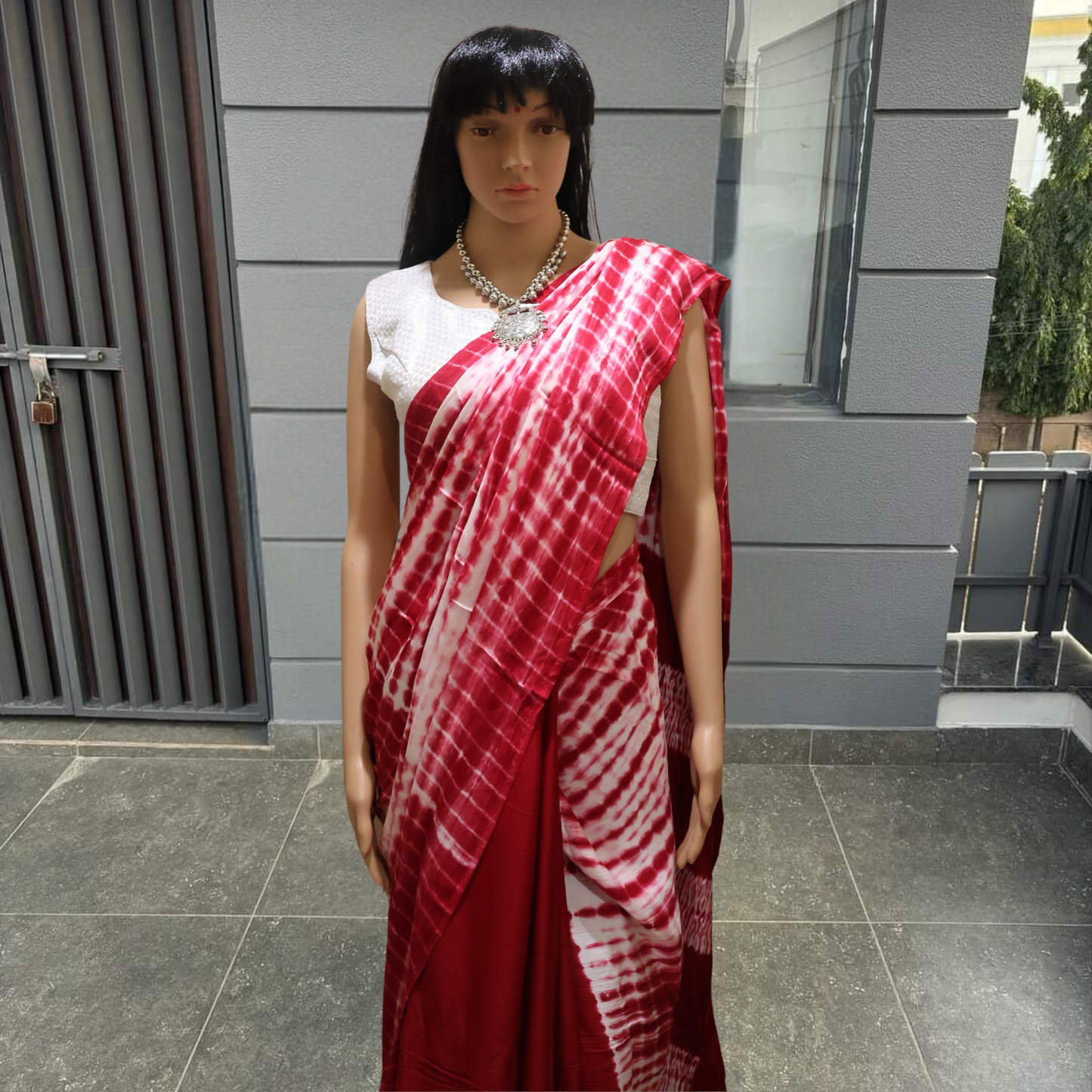 PURE MODAL SILK RED AND WHITE DYED SHIBORI DESIGN SAREE