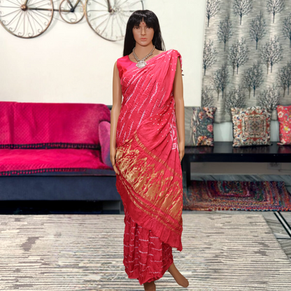 Pink Modal Slik Saree with white Shibori Design