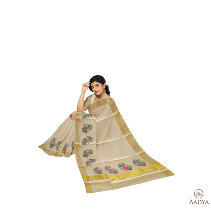 Kuthampully Golden Tissue Saree