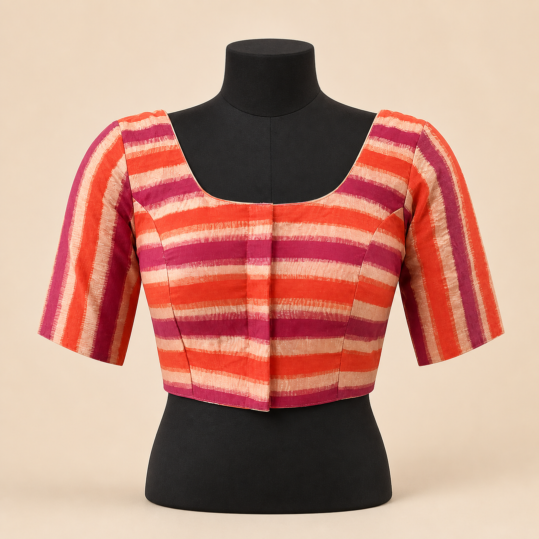 Orange Banarasi Silk Printed | Elbow Sleeve Saree Blouse