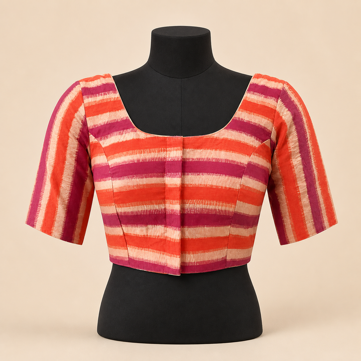 Orange Banarasi Silk Printed | Elbow Sleeve Saree Blouse