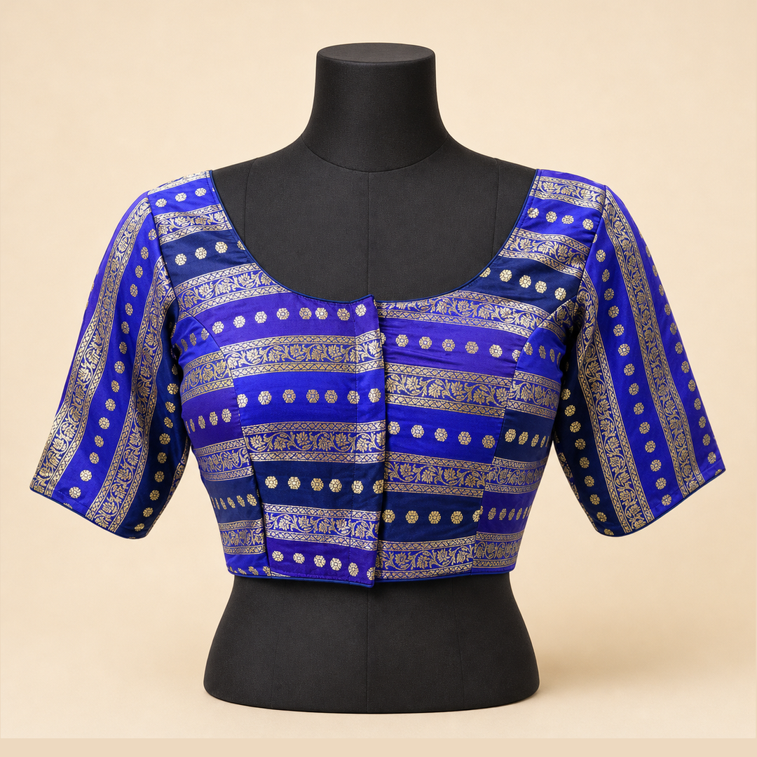 Blue Banarasi Silk Printed | Elbow Sleeve Saree Blouse