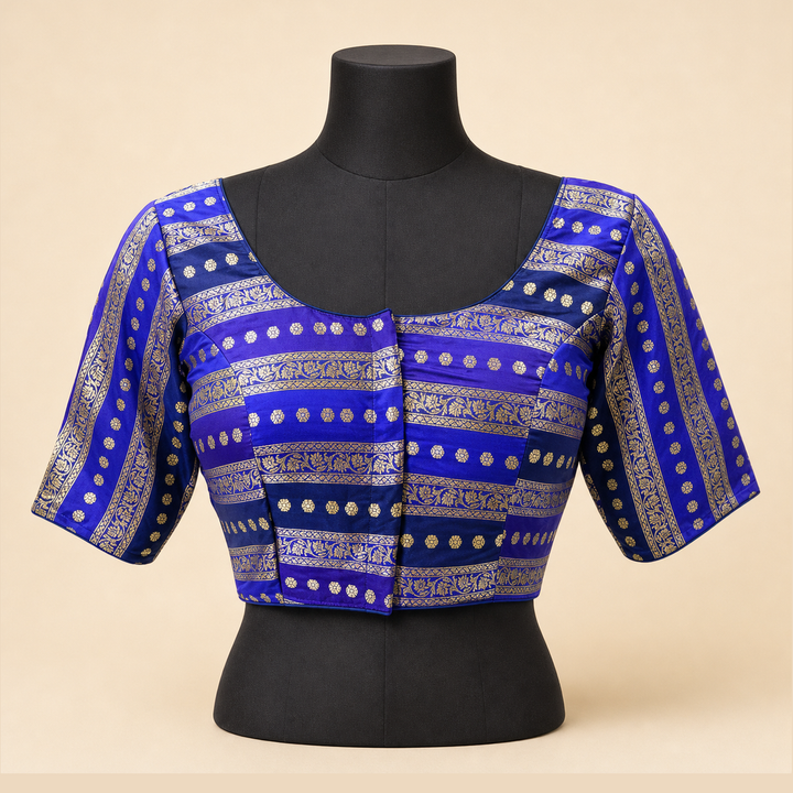 Blue Banarasi Silk Printed | Elbow Sleeve Saree Blouse