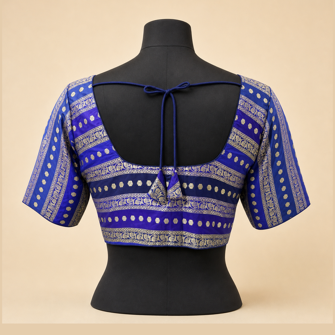 Blue Banarasi Silk Printed | Elbow Sleeve Saree Blouse
