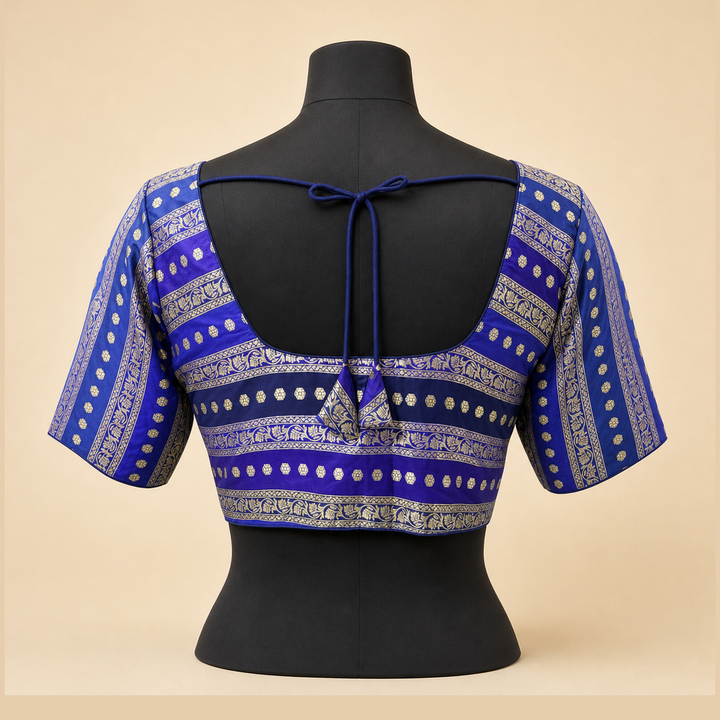 Blue Banarasi Silk Printed | Elbow Sleeve Saree Blouse